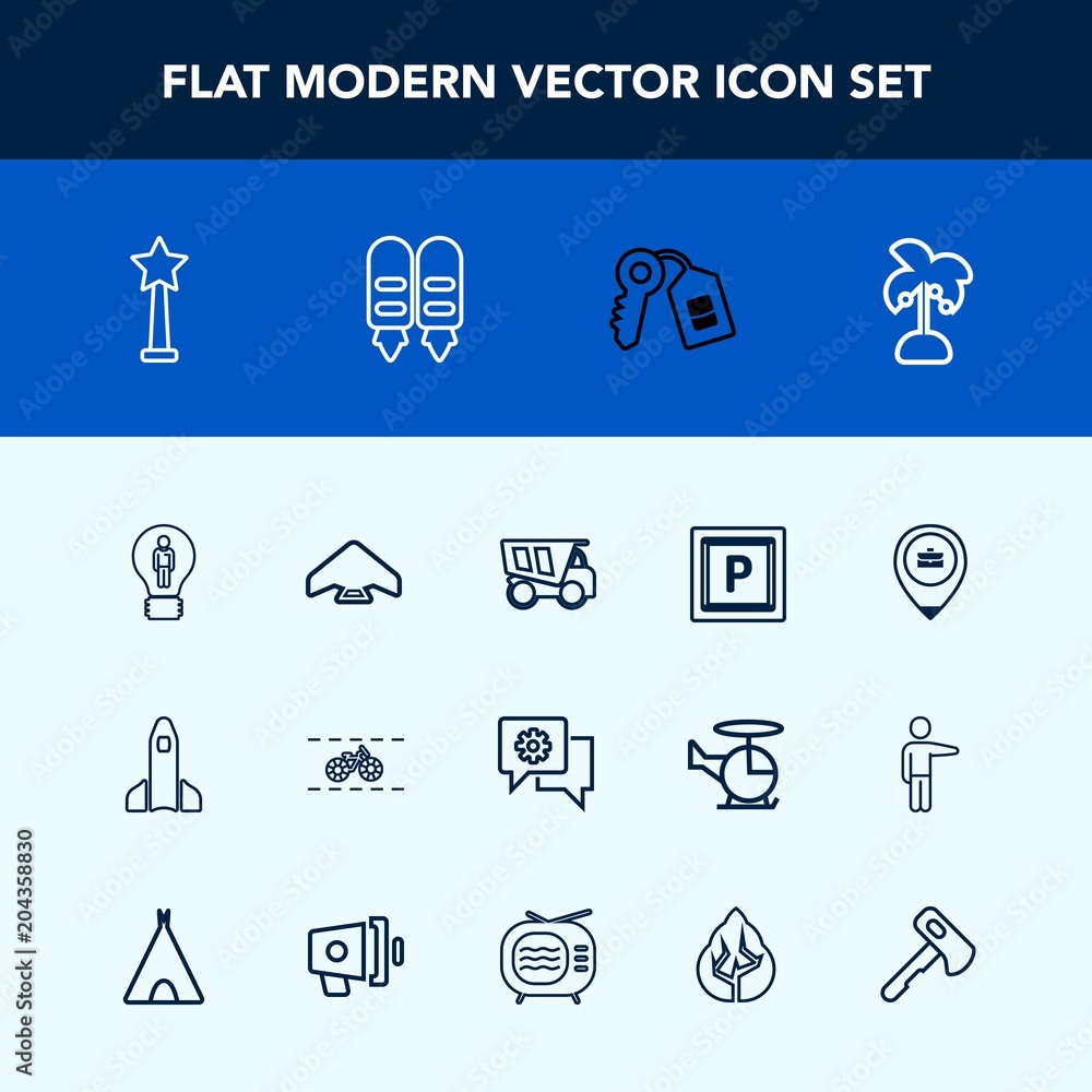 Modern, simple vector icon set with work, sign, parachuting, road, nature, chat, medal, shuttle, success, sky, location, communication, rocket, dumper, job, truck, dump, launch, key, tropical icons Modern, simple vector icon set with work, sign, parachuting, road, nature, chat, medal, shuttle, success, sky, location, communication, rocket, dumper, job, truck, dump, launch, key, tropical icons