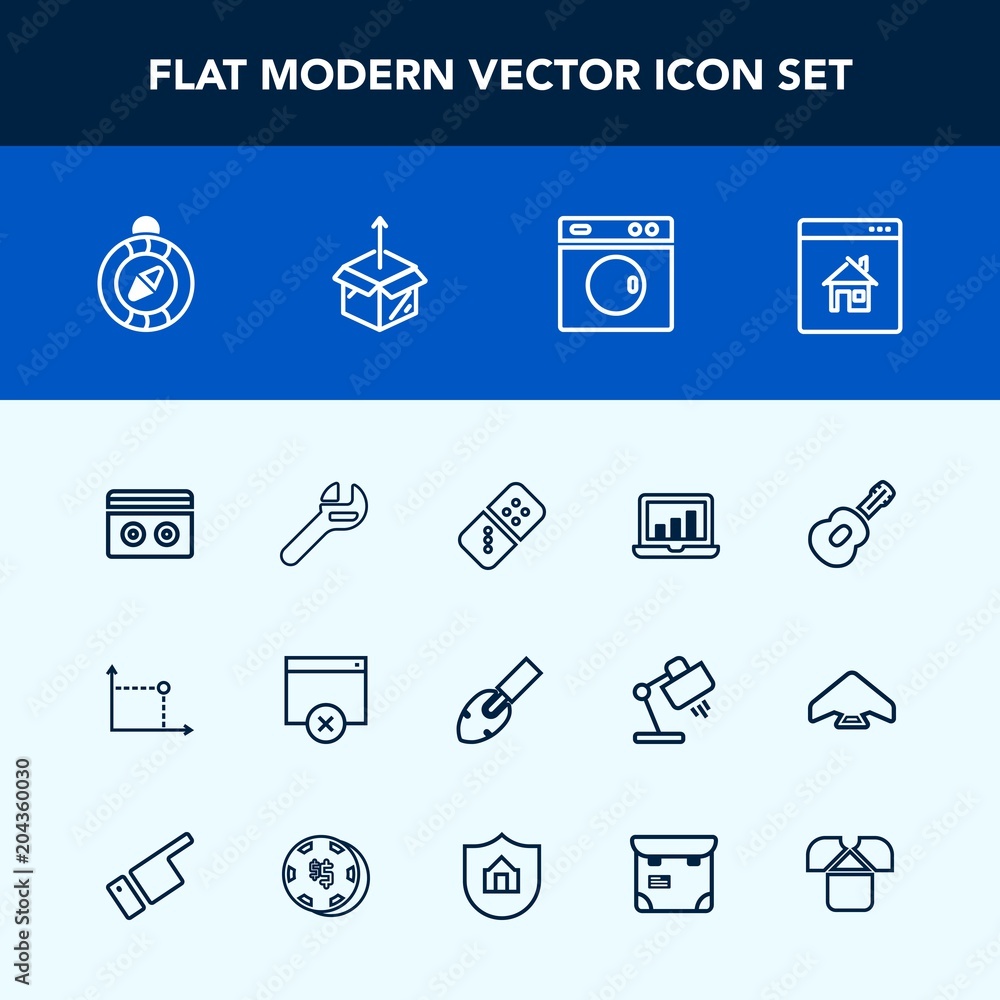 Modern, simple vector icon set with tool, estate, online, computer, clean, box, sound, page, east, house, graphic, sign, cardboard, geometry, equipment, screen, laptop, tape, compass, unpacking icons Modern, simple vector icon set with tool, estate, online, computer, clean, box, sound, page, east, house, graphic, sign, cardboard, geometry, equipment, screen, laptop, tape, compass, unpacking icons