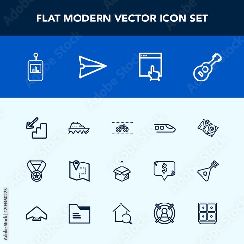 Modern, simple vector icon set with email, web, cycle, unpacking, upstairs, tv, bicycle, travel, sea, ship, internet, television, control, pin, music, success, message, up, musical, transport icons