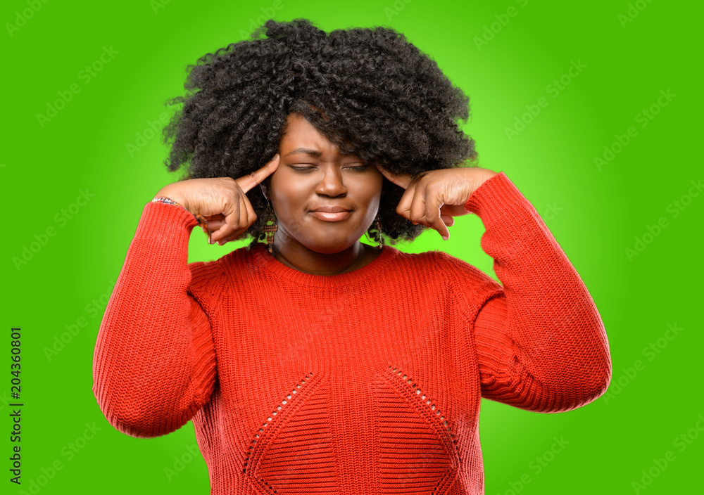 Beautiful african woman doubt expression, confuse and wonder concept, uncertain future Beautiful african woman doubt expression, confuse and wonder concept, uncertain future