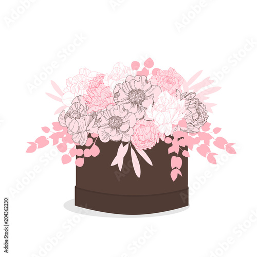 Flowers in a hat box. Floral composition with peonies.Vector illustration