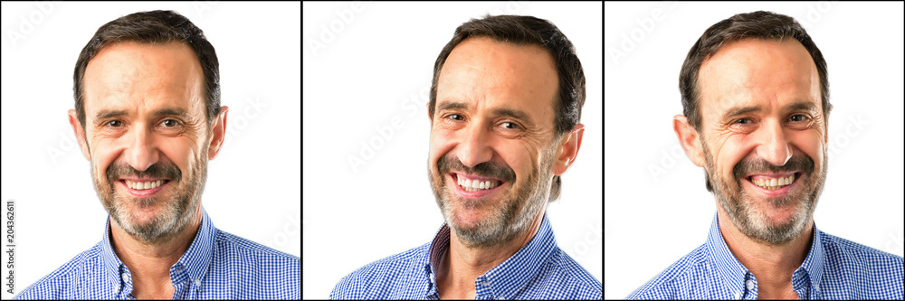 Fototapeta premium Middle age handsome man closeup confident and happy with a big natural smile laughing