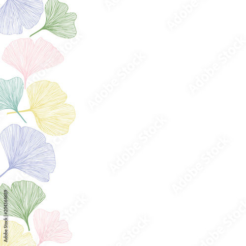 Ginkgo biloba leaves, vector illustration left side border in pastel colors for background