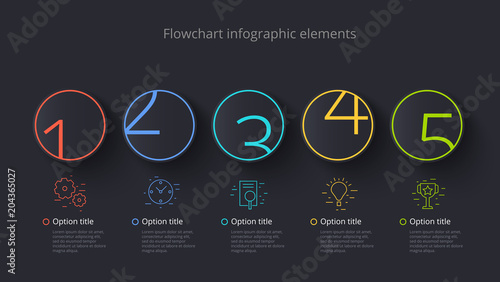Business process chart infographics with 5 step segments. Circular corporate timeline infograph elements. Company presentation slide template. Modern vector info graphic layout design.