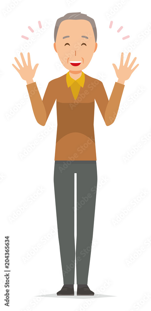 An elderly man wearing brown clothes is spreading his hands An elderly man wearing brown clothes is spreading his hands