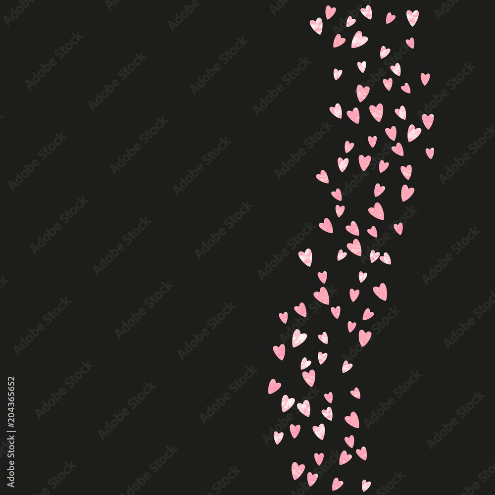 Pink glitter hearts confetti on isolated backdrop. Random falling sequins with metallic shimmer. Design with pink glitter hearts for party invitation, event banner, flyer, birthday card.
