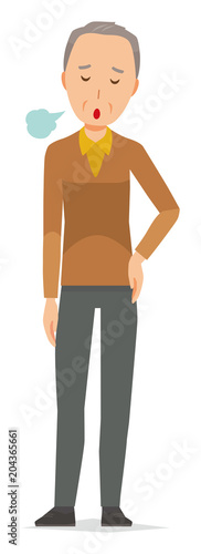 An elderly man wearing brown clothes is sighing