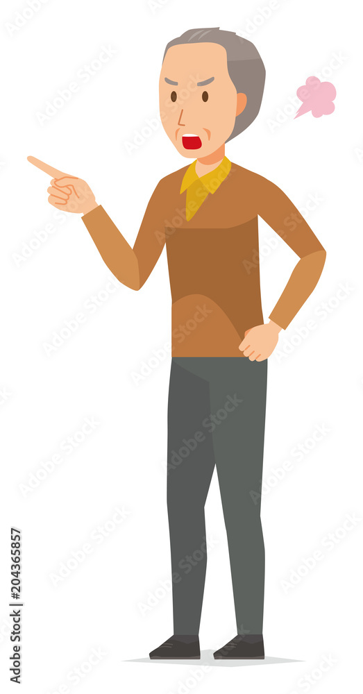 An elderly man wearing brown clothes is angrily pointing to a finger An elderly man wearing brown clothes is angrily pointing to a finger