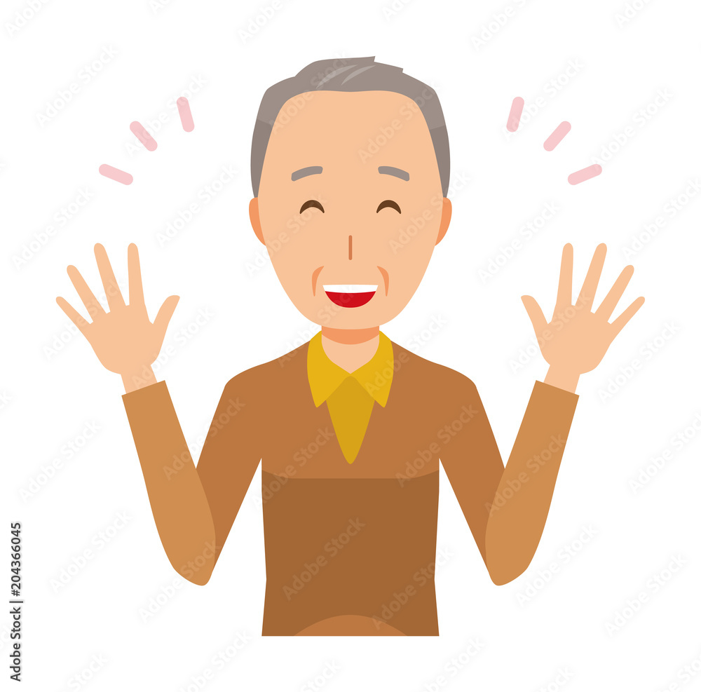 An elderly man wearing brown clothes is spreading his hands An elderly man wearing brown clothes is spreading his hands