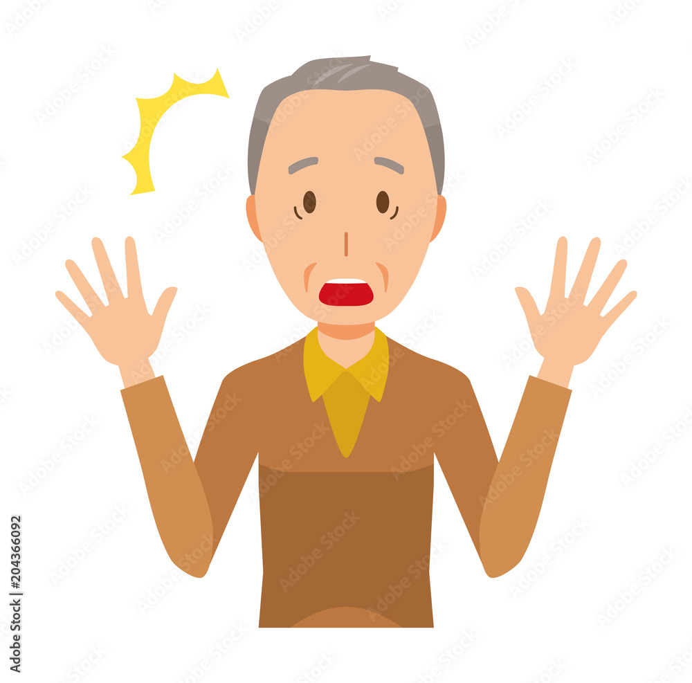 An elderly man wearing brown clothes is surprised An elderly man wearing brown clothes is surprised