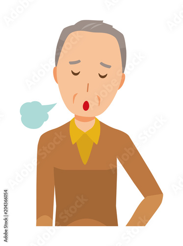 An elderly man wearing brown clothes is sighing