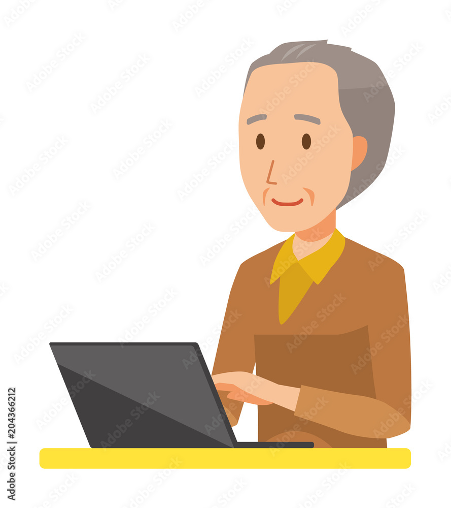 An elderly man wearing brown clothes is operating a laptop computer An elderly man wearing brown clothes is operating a laptop computer