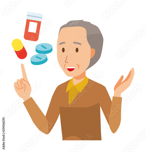 An elderly man wearing brown clothes is explains about medicine