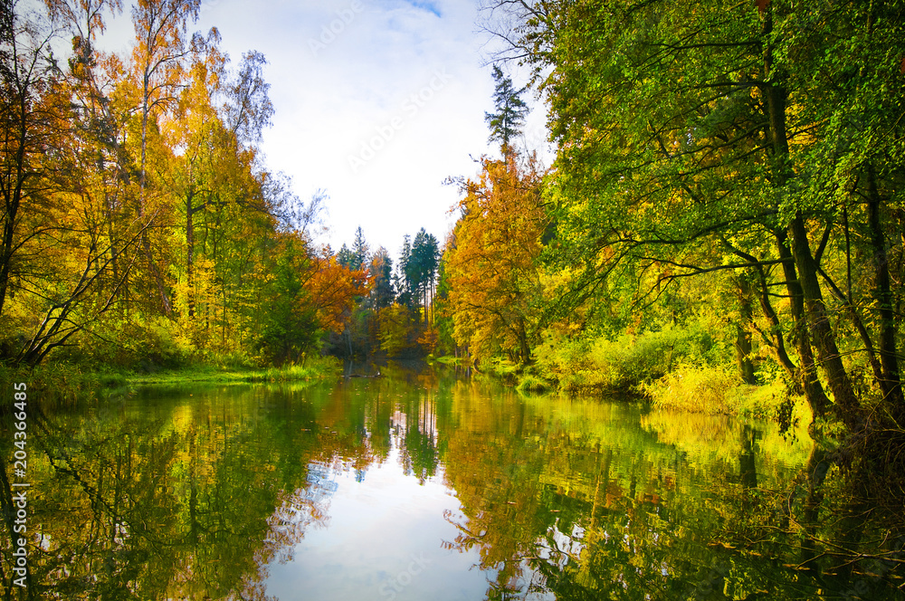 Picturesque view of autumn lake.