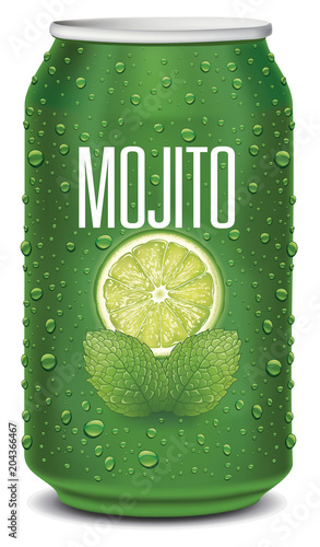 green tin can with mojito text, lime slice, mint leaves and many water drops