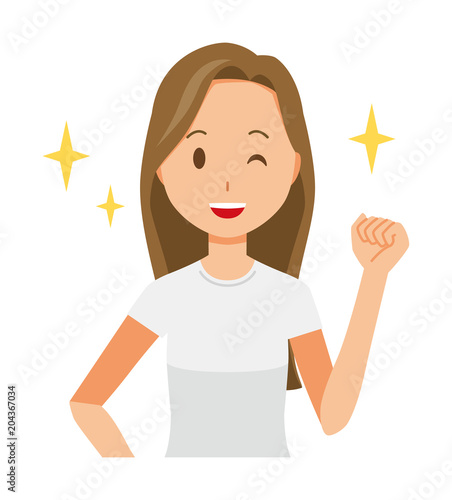 A long hair young woman is winking and raised one hand