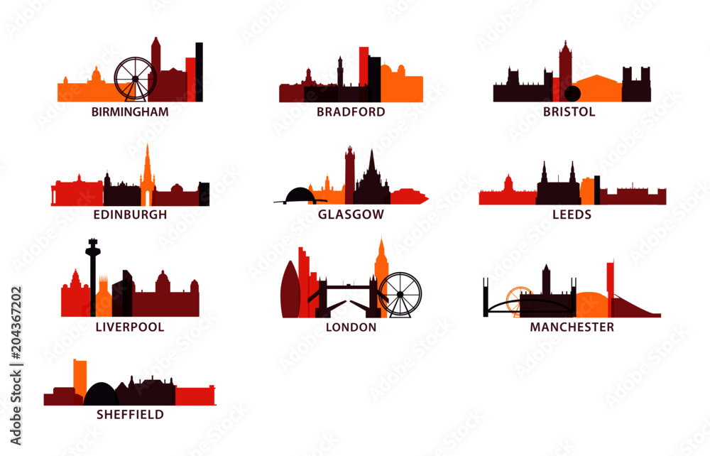 United Kingdom Uk Cities Icons Set, Modern Skyline Citysape Landmark 