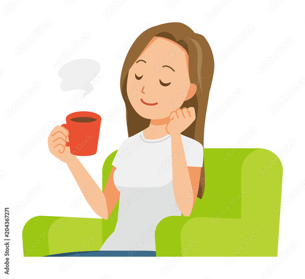 A long hair young woman is sitting on a sofa and drinking coffee A long hair young woman is sitting on a sofa and drinking coffee