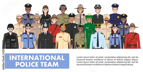 International police people concept. Detailed illustration of SWAT officer, policeman, policewoman and sheriff in flat style on white background. Vector illustration.