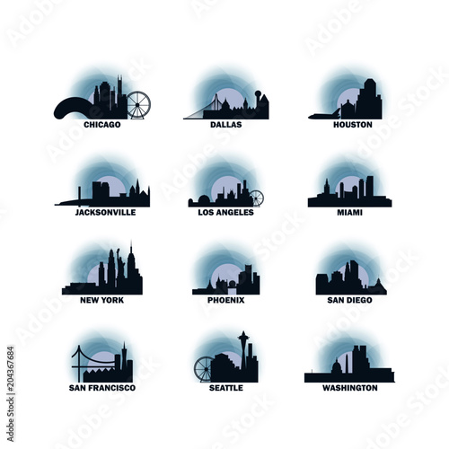 United States of America USA cities icons set, modern skyline citysape landmark logo vector pack