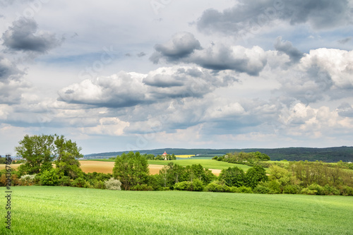 Spring countryside with green field and trees under cloudy sky © Jaroslav Machacek