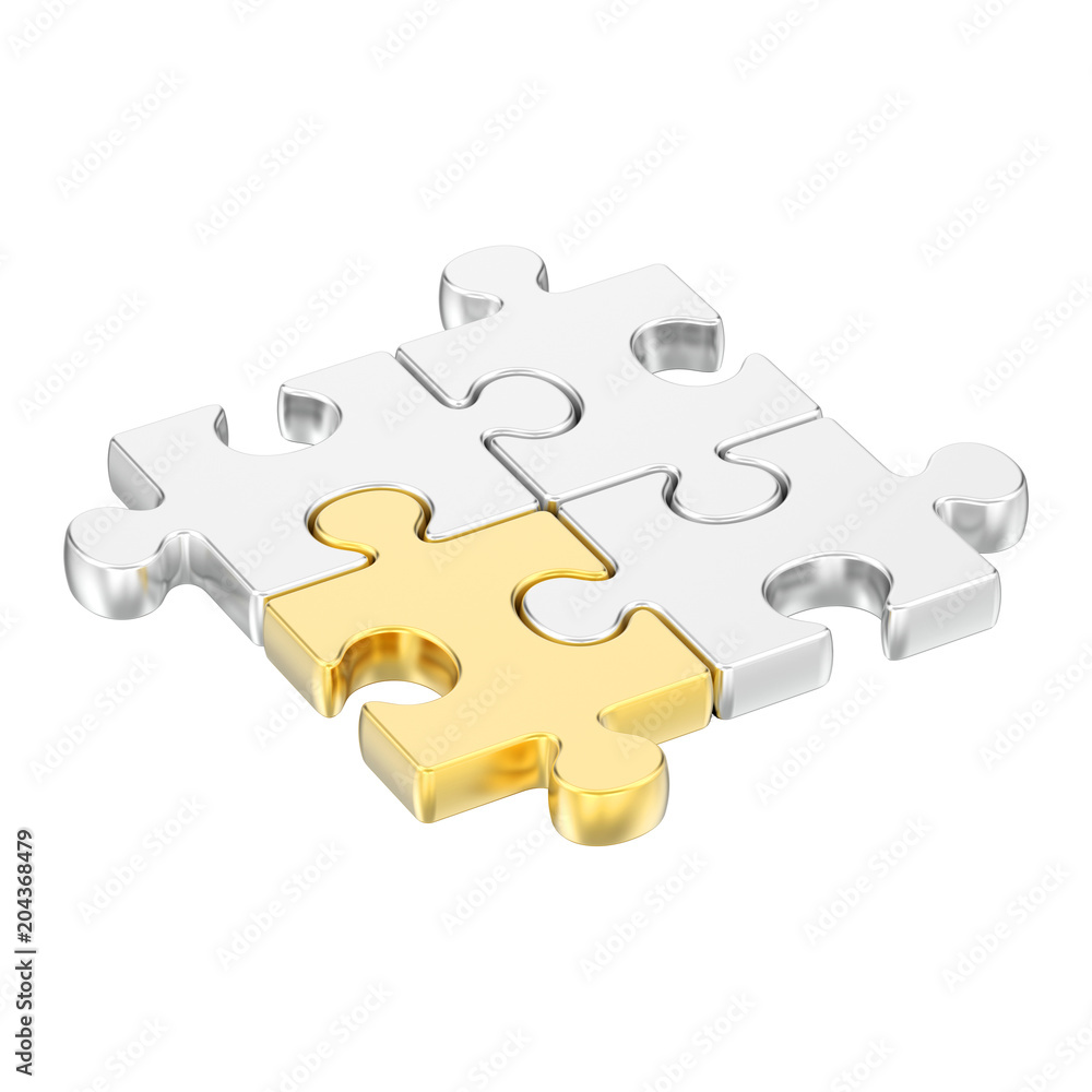 3D illustration isolated group of different gold puzzles 3D illustration isolated group of different gold puzzles