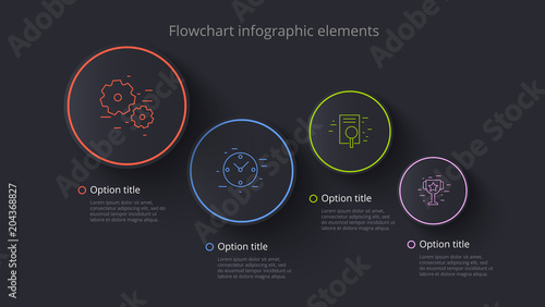 Business process chart infographics with 4 step segments. Circular corporate timeline infograph elements. Company presentation slide template. Modern vector info graphic layout design.