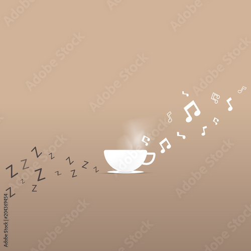 Vector background with a white cup of coffee. Refresh sleepy feeling with a cup of coffee.