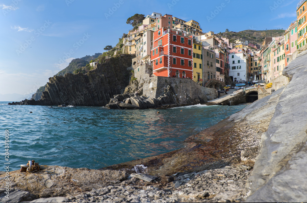 Riomaggiore 1 of 5 fishing village of Cinque Terre, coastline of Liguria in La Spezia, Italy