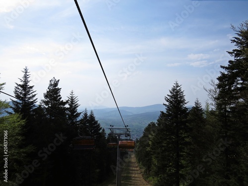 Cableway between Trees Surrounded by Forrest with View at Mountains