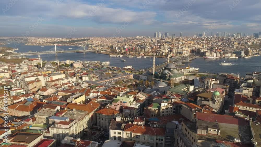 Aerial drone shot of sunny day in Istanbul, Turkie. From above, city centre, downtown. Bosphorus. Aerial drone shot of sunny day in Istanbul, Turkie. From above, city centre, downtown. Bosphorus.