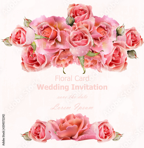 Wedding invitation with roses Vector. Beautiful card floral 3d backgrounds