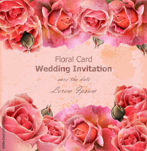 Wedding invitation with roses Vector. Beautiful card floral 3d backgrounds