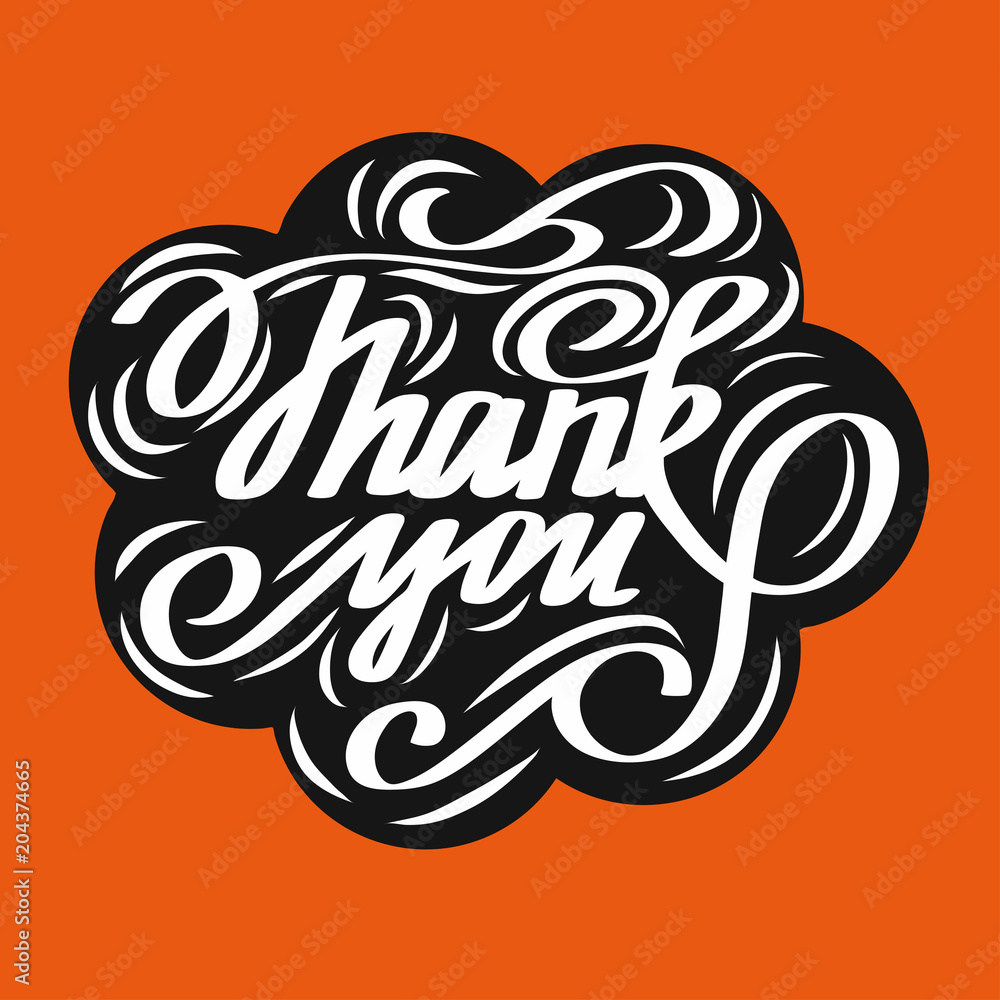 Thank You handwritten inscription in the black cloud on the orange background. Hand drawn lettering. Thank You calligraphy. Thank you card.