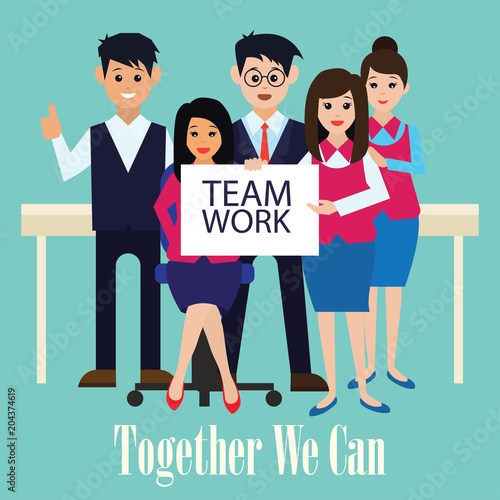 business concept / team work showing team work man and woman while working in room with office interior, vector illustration