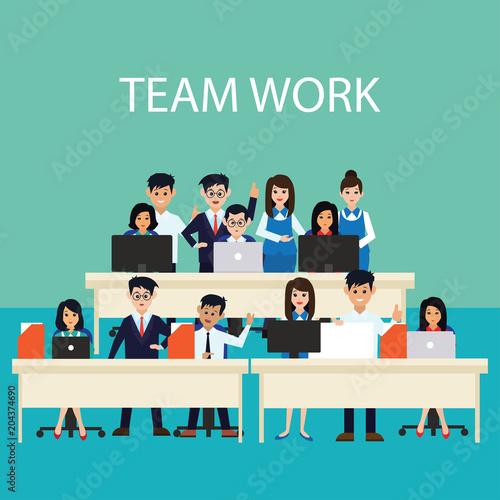 business concept / team work showing team work man and woman while working in room with office interior, vector illustration