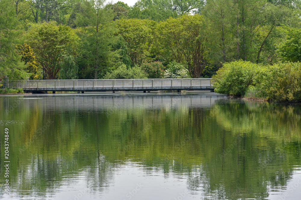 Bridge across a scenic pond in an outdoor garden in Richmond, Virginia Bridge across a scenic pond in an outdoor garden in Richmond, Virginia