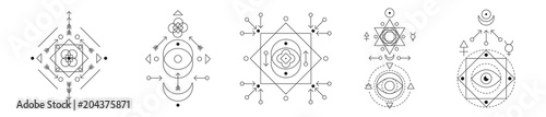 Symbol of alchemy and sacred geometry set. Linear character illustration collection for lines tattoo on the white isolated background.