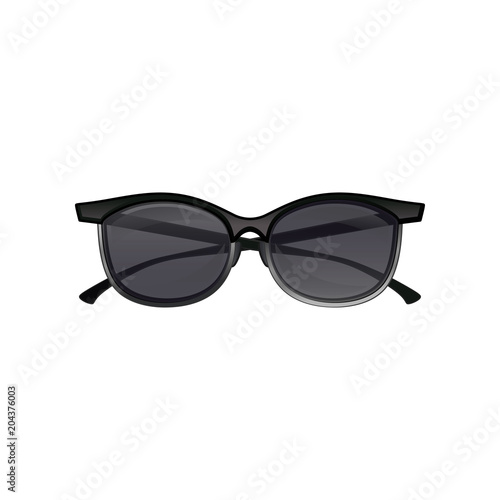 Vintage clubmaster sunglasses black lenses and half frame. Fashion unisex spectacles. Flat vector element for poster or banner of optical store