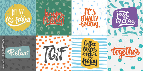Hand drawn lettering quotes and greeting cards about friday collections isolated on the white background. Fun brush ink vector calligraphy illustrations set for banners, poster design.