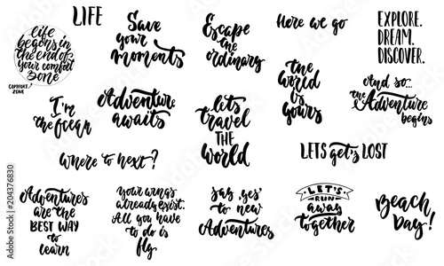 Hand drawn lettering quotes about Summer and sea collections isolated on the white background. Fun brush ink vector calligraphy illustrations set for banners, greeting card, poster design.