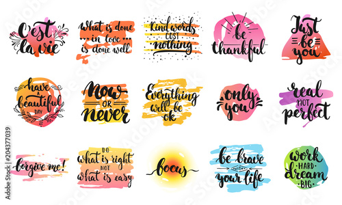 Hand drawn lettering different quotes collections isolated on the white background. Fun brush ink vector calligraphy illustrations set for banners, greeting card, poster design.