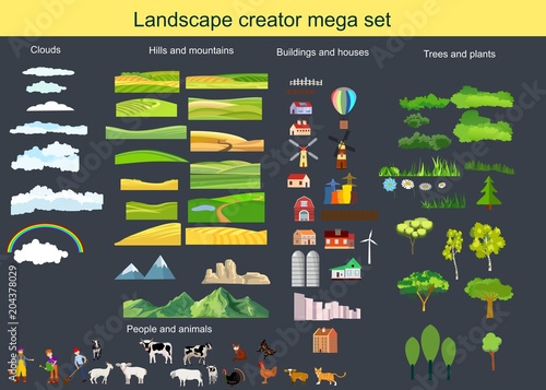 Countryside creator theme imega set, land, agro, trees, hills, animals, tractor, mills people.