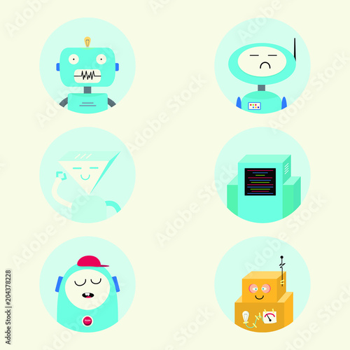 Modern chat bot character sign icon vector illustration set. Virtual Assistance in the websites or chats. Concept of Artificial Intelligence chatbot isolated on white background. I like chatting!