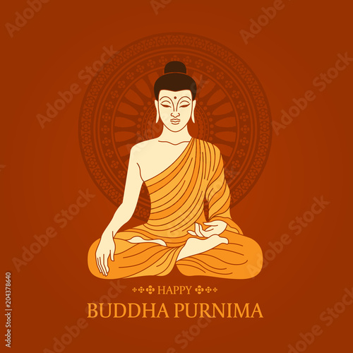 buddha purnima day banner with Buddha meditating and Dharmachakra or Wheel of Dhamma brown background vector design