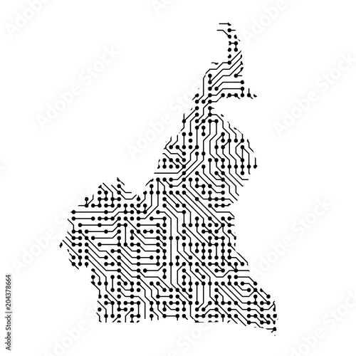 Abstract schematic map of Cameroon from the black printed board, chip and radio component. Computer electronics processor motherboard. Vector illustration.