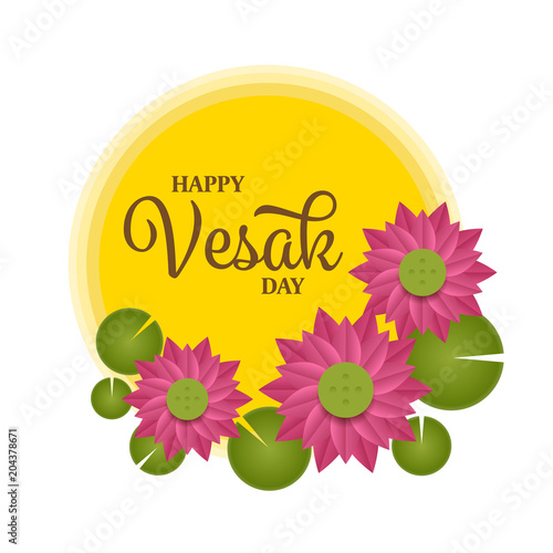 Happy Vesak day text on yellow full circle moon and pink lotus vector design