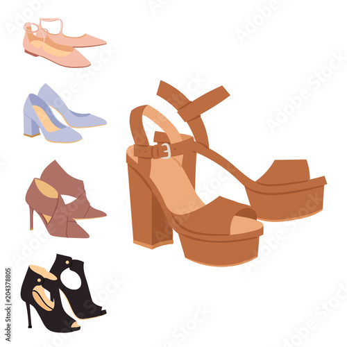Womens shoes flat design vector footwear shoe store ad fashion boots collection hand drawn style of leather colored moccasins illustration wear