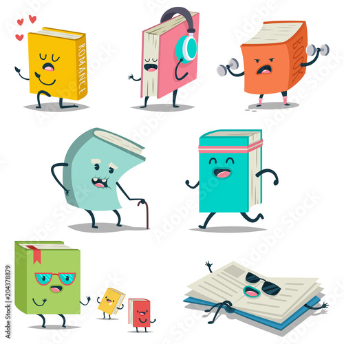 Cute cartoon book character with different emotions and in action. Vector flat icons set isolated on white background.