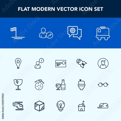 Modern, simple vector icon set with shattered, glass, space, planet, luggage, chat, weapon, falling, profile, bomb, music, destruction, cassette, stereo, male, mobile, nuclear, audio, red, time icons